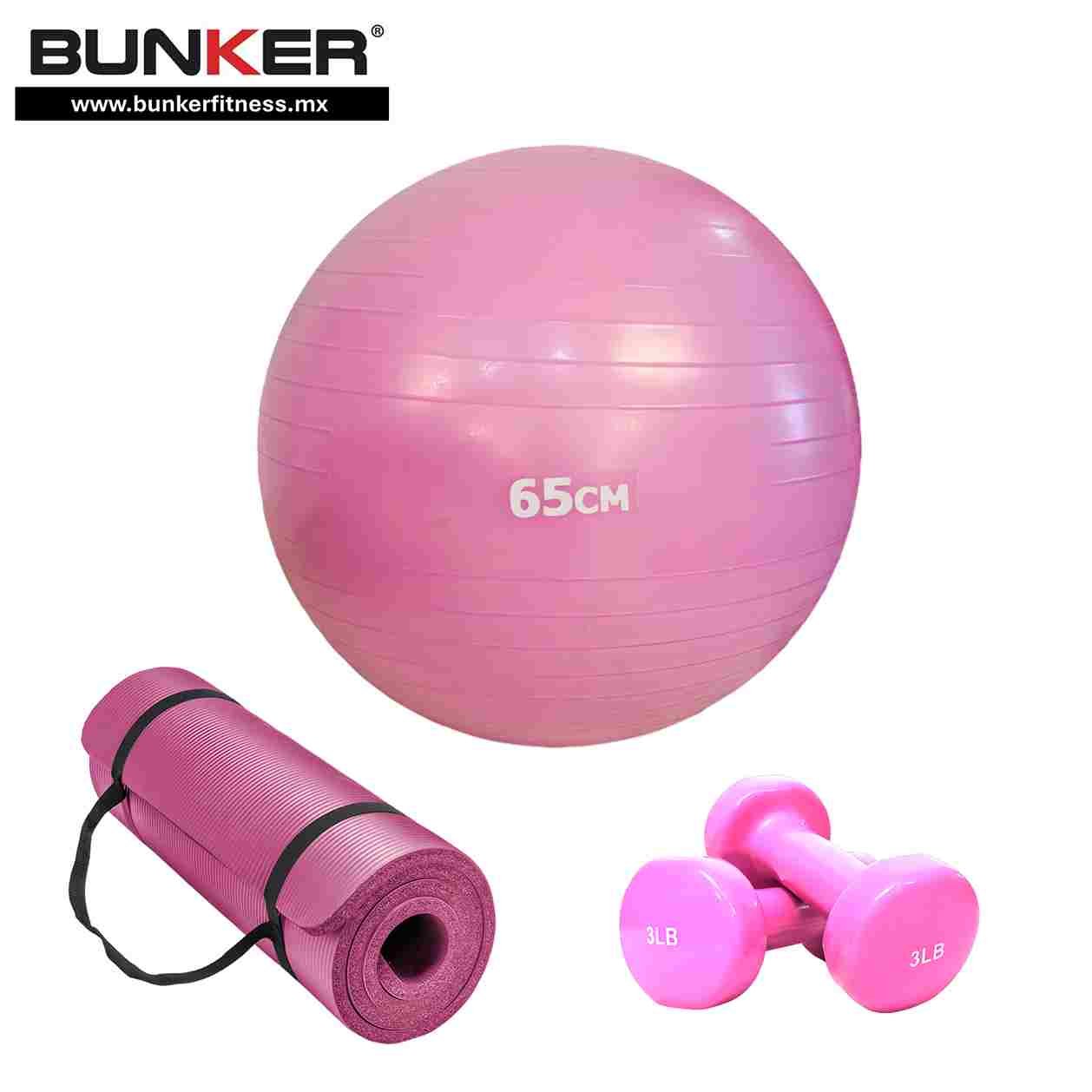 pelota de pilates y yoga rosa de 65cm con tapete y mancuernas fitness para ejercicio y gimnasio en casa bunker gym bunker fitness